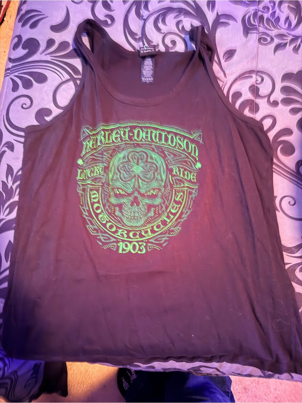 Harley-Davidson Black Tank with Neon Green Skull Crest perfect for St. Patrick’s